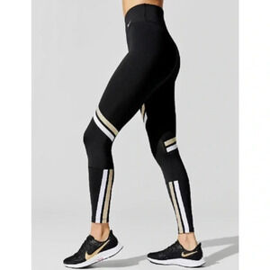 Nike Dri-Fit NWT Women's Black Gold White Icon Striped Training Tights Leggings